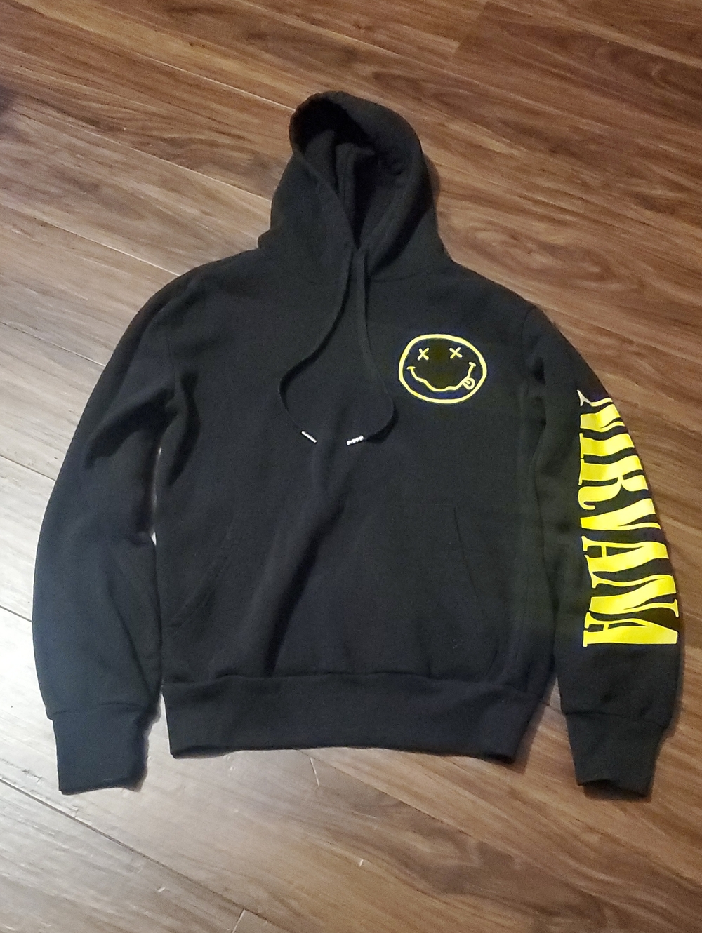 NIRVANA Black Hoodie with Yellow Smiley and Sleeve Text